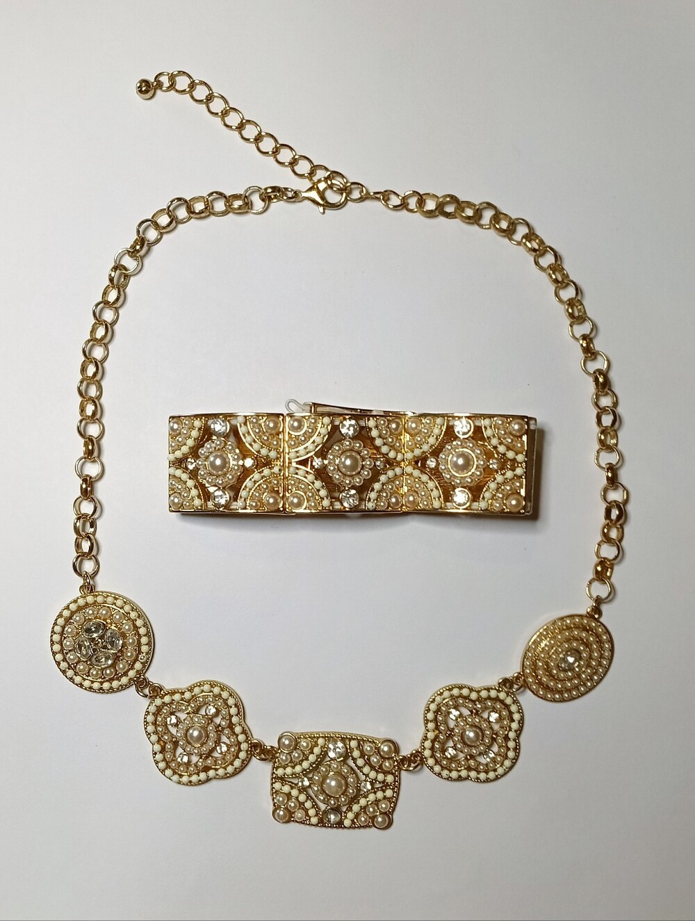 Vintage Gold-Tone Filigree Pearl Accent Necklace & Bracelet Set - Picture 1 of 1